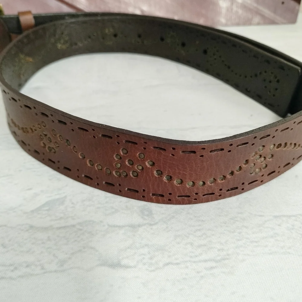 Unisex Brown Leather Belt Embossed Brass Brads Buckle Diecut  Western Retro